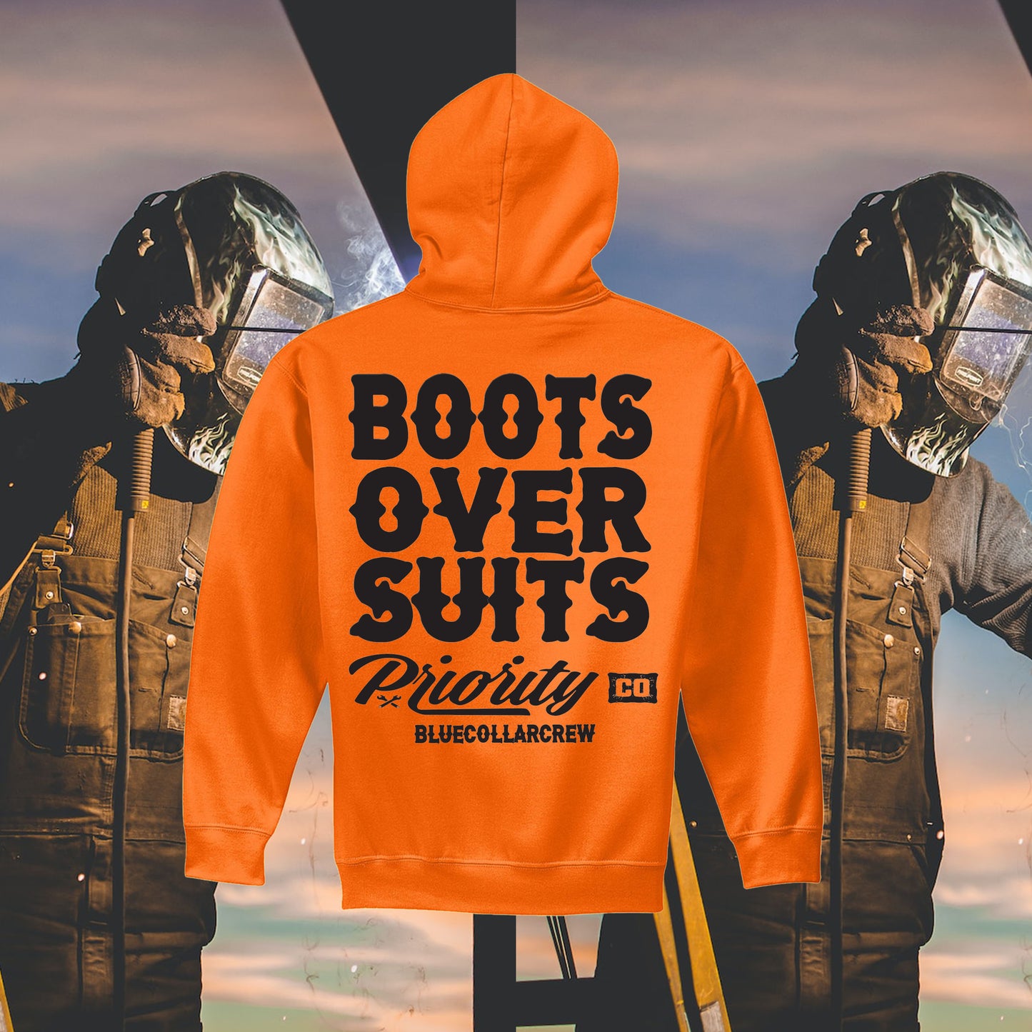 BOOTS OVER SUITS HOODIE SAFTEY ORANGE